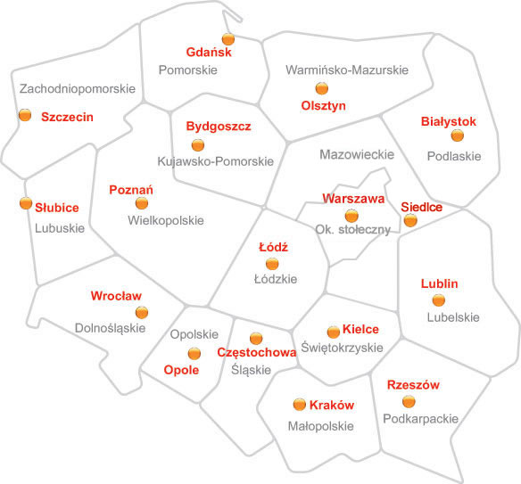 Mapa z podziałem Polski na okręgi