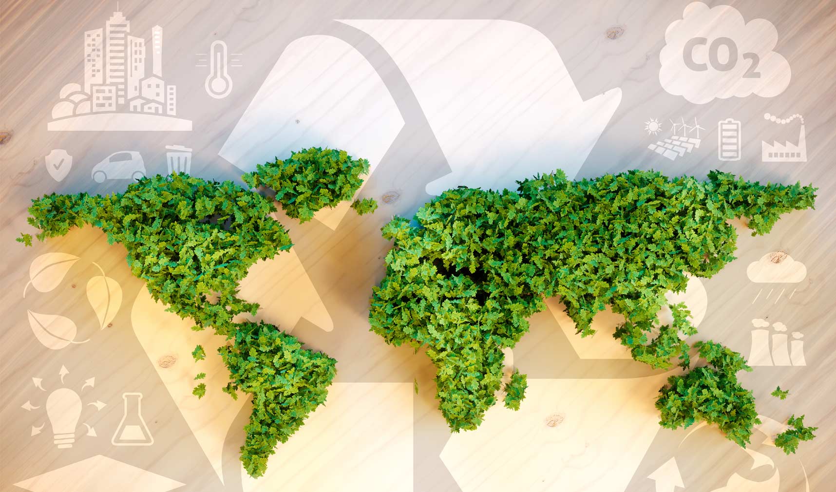 Obraz przedstawiający zielone kontynenty i symbole zarządzania środowiskowego